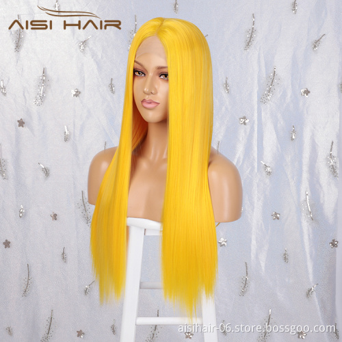 Aisi Hair Top Quality Long Silky Straight Yellow Wig Cosplay Swiss Lace Wig Cheap Synthetic Lace Frontal Wigs For Black Women